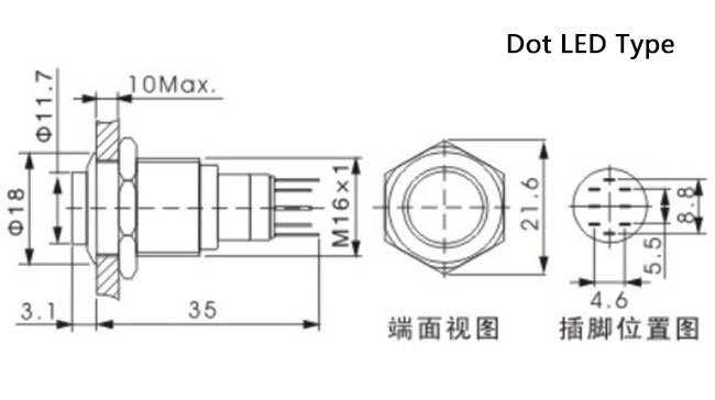 Type commutateur de bouton poussoir en métal de LED, poids léger de point de commutateur de bouton poussoir de 5 bornes